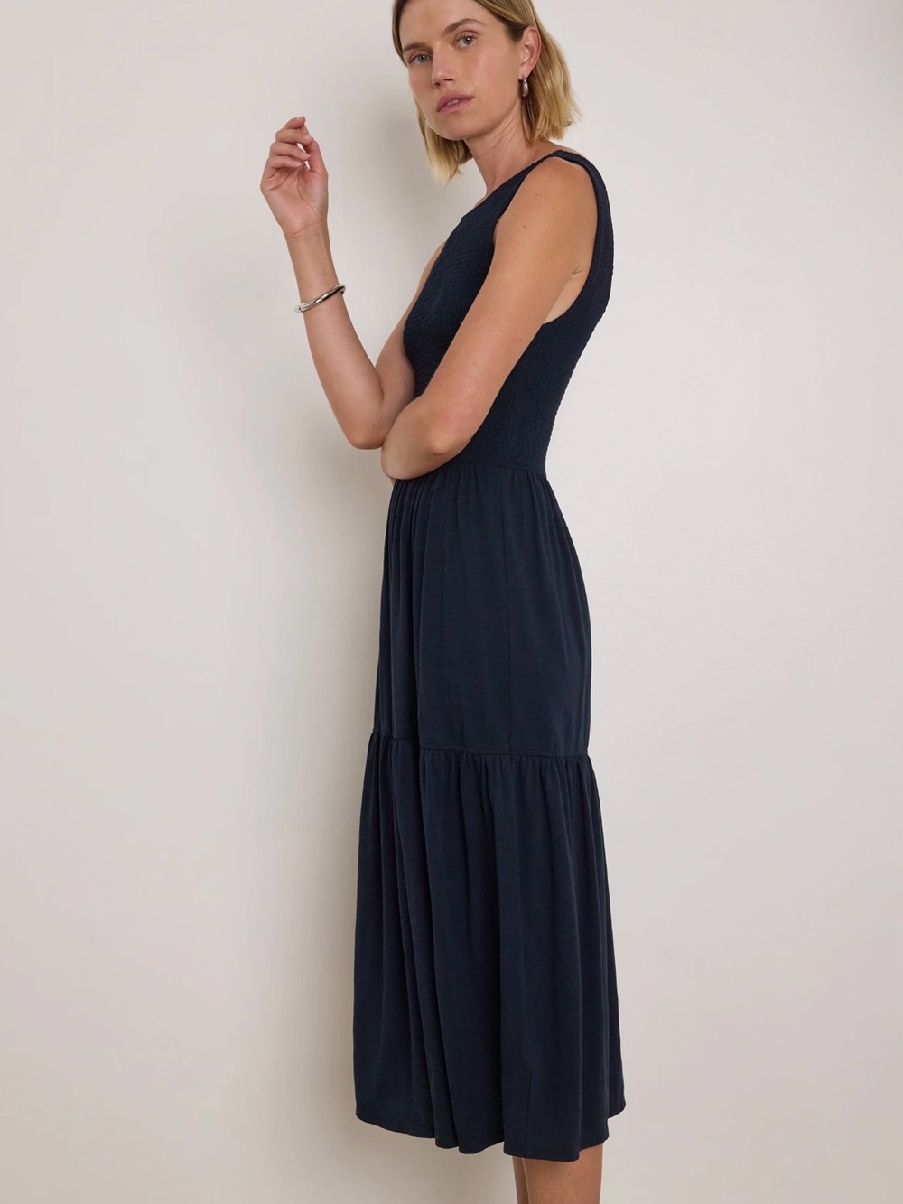 Nation LTD Clementine Pima Cotton Smocked Midi Dress Midnight Navy S - Picture 15 of 16